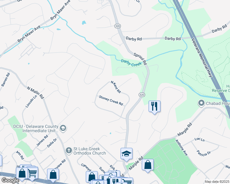 map of restaurants, bars, coffee shops, grocery stores, and more near 2724 North Kent Road in Broomall