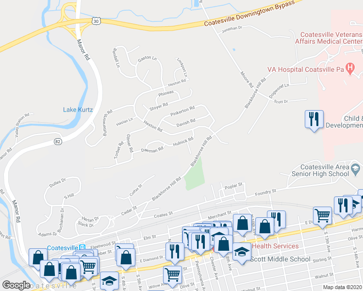 map of restaurants, bars, coffee shops, grocery stores, and more near 105 Hulnick Road in Coatesville