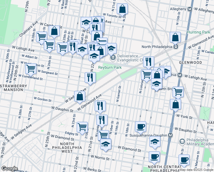 map of restaurants, bars, coffee shops, grocery stores, and more near 2401 North 22nd Street in Philadelphia