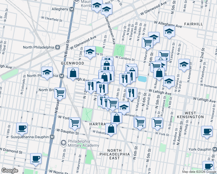 map of restaurants, bars, coffee shops, grocery stores, and more near 915 West Lehigh Avenue in Philadelphia