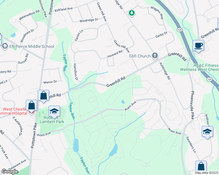 map of restaurants, bars, coffee shops, grocery stores, and more near 403 Greenhill Road in West Chester