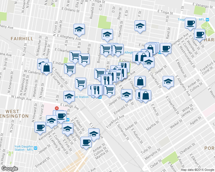 map of restaurants, bars, coffee shops, grocery stores, and more near 530 East Cambria Street in Philadelphia