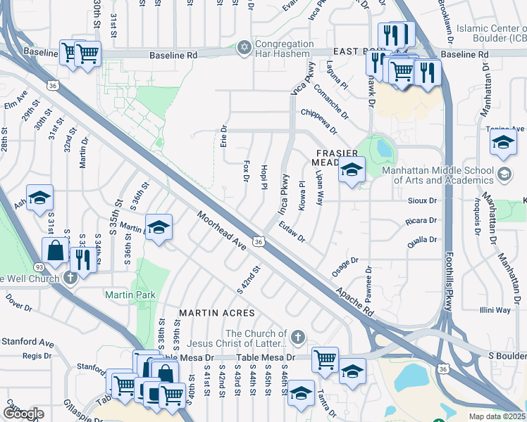 map of restaurants, bars, coffee shops, grocery stores, and more near 220 Hopi Place in Boulder
