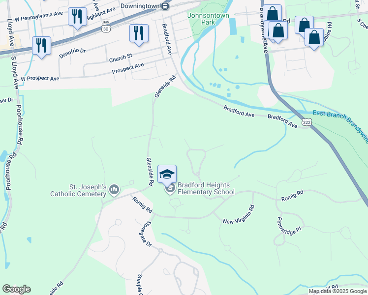 map of restaurants, bars, coffee shops, grocery stores, and more near 1441 Carolina Place in Downingtown