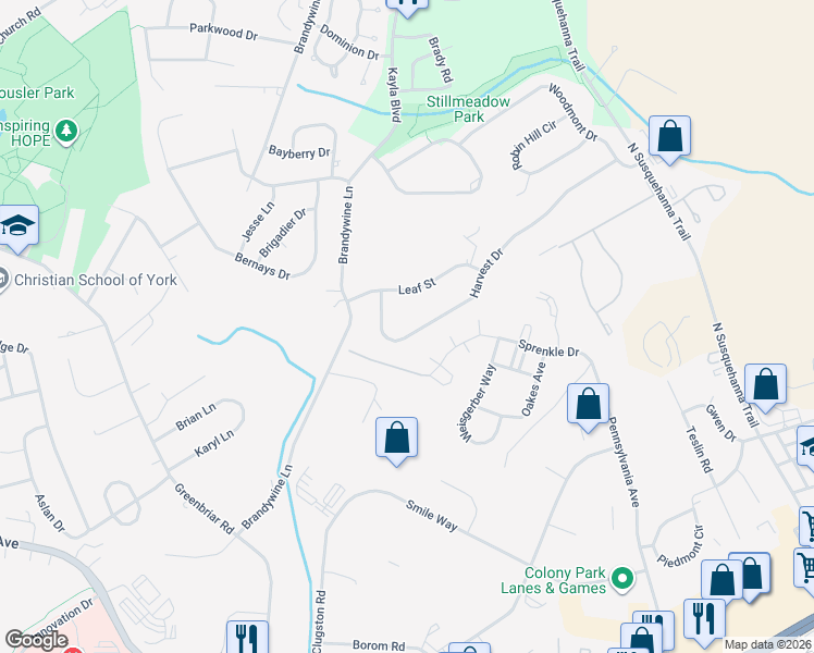 map of restaurants, bars, coffee shops, grocery stores, and more near 637 Harvest Drive in York
