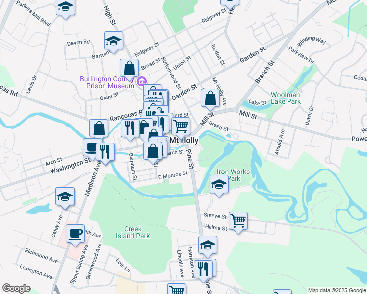 map of restaurants, bars, coffee shops, grocery stores, and more near in Mount Holly