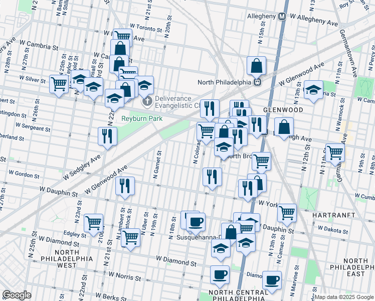 map of restaurants, bars, coffee shops, grocery stores, and more near 1716 West Huntingdon Street in Philadelphia