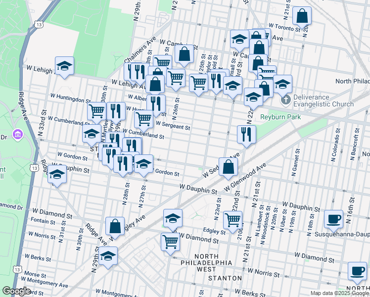 map of restaurants, bars, coffee shops, grocery stores, and more near 2528 West Cumberland Street in Philadelphia