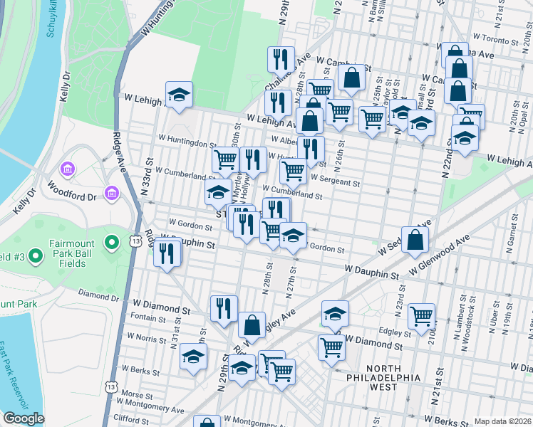 map of restaurants, bars, coffee shops, grocery stores, and more near 2430 North Newkirk Street in Philadelphia