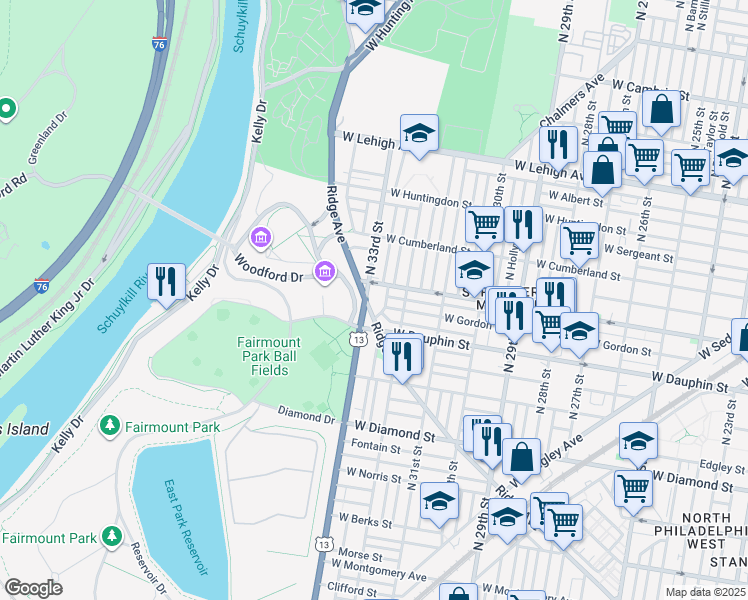 map of restaurants, bars, coffee shops, grocery stores, and more near 2327 North 33rd Street in Philadelphia