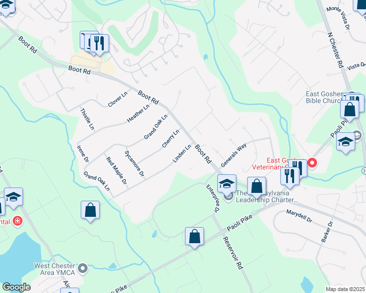 map of restaurants, bars, coffee shops, grocery stores, and more near 1443 Linden Lane in West Chester