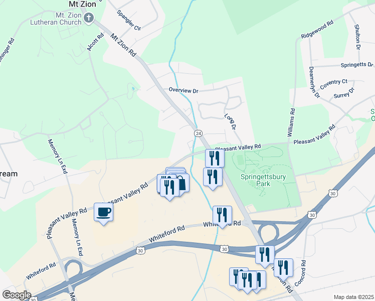 map of restaurants, bars, coffee shops, grocery stores, and more near 1 Wyndham Drive in York