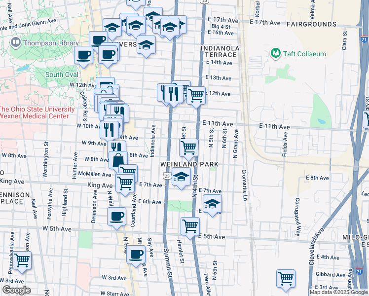 map of restaurants, bars, coffee shops, grocery stores, and more near in Columbus