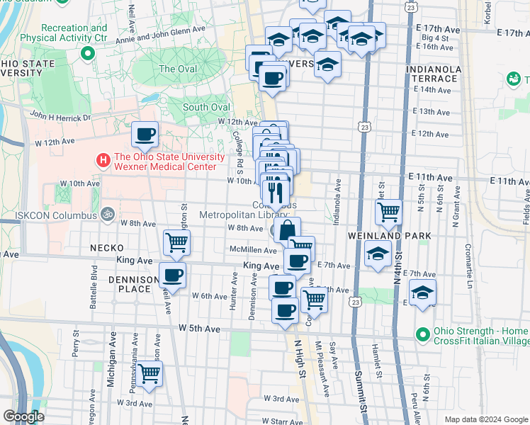 map of restaurants, bars, coffee shops, grocery stores, and more near 10 West 9th Avenue in Columbus