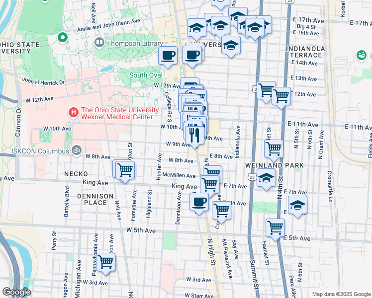 map of restaurants, bars, coffee shops, grocery stores, and more near 10 West 9th Avenue in Columbus