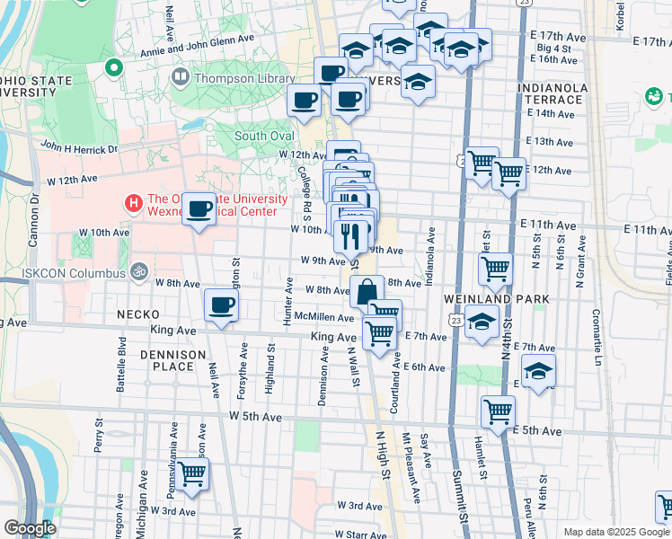 map of restaurants, bars, coffee shops, grocery stores, and more near 10 West 9th Avenue in Columbus