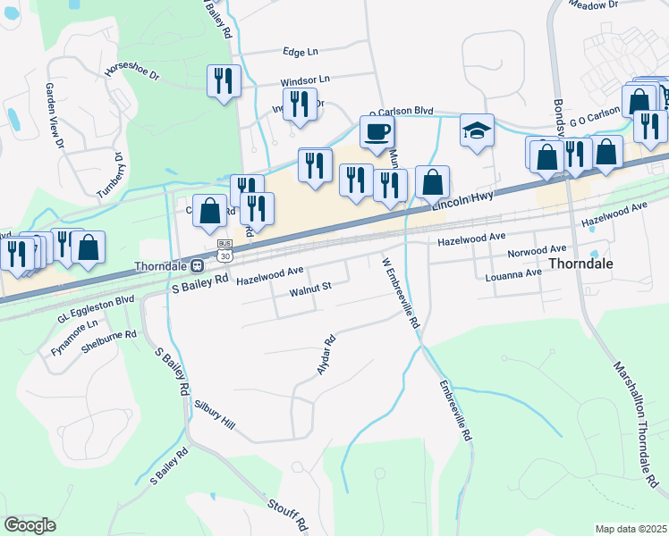map of restaurants, bars, coffee shops, grocery stores, and more near 3305 Hazelwood Avenue in Downingtown