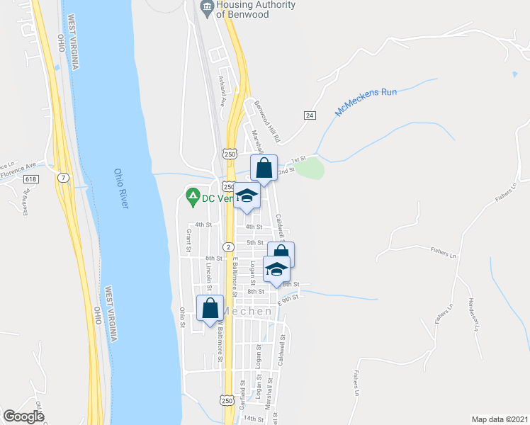 map of restaurants, bars, coffee shops, grocery stores, and more near 310 Logan Street in McMechen