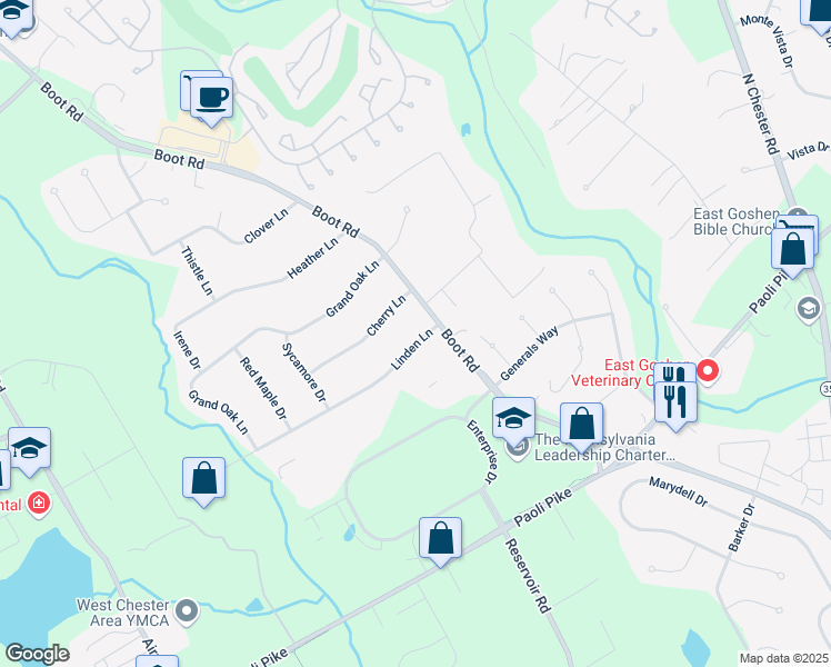 map of restaurants, bars, coffee shops, grocery stores, and more near 1443 Linden Lane in West Chester