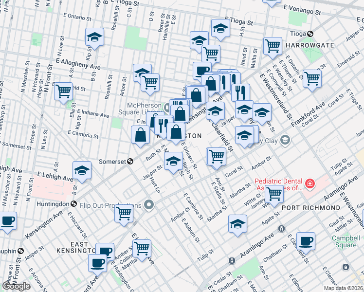 map of restaurants, bars, coffee shops, grocery stores, and more near 1844 East Orleans Street in Philadelphia