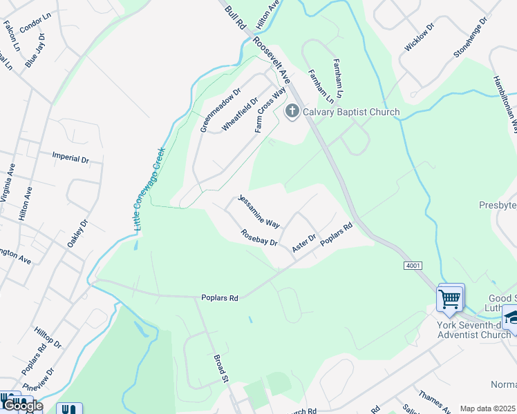 map of restaurants, bars, coffee shops, grocery stores, and more near 2641 Jessamine Way in York