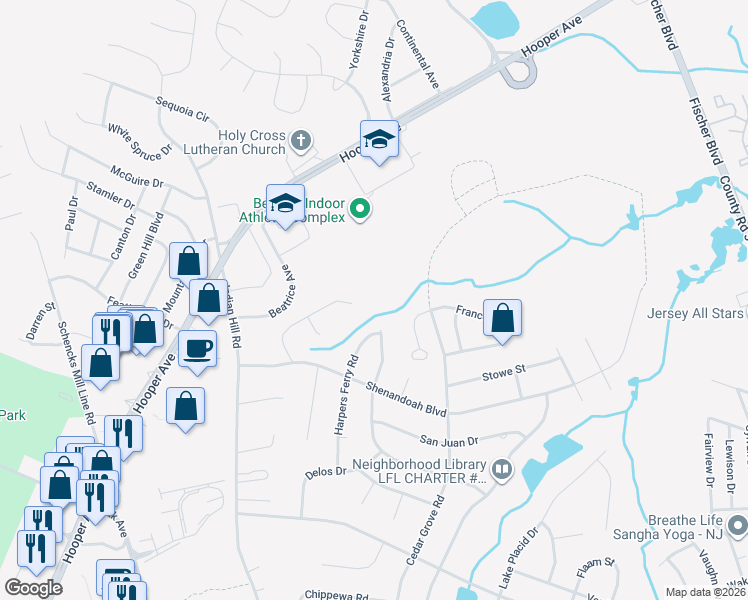 map of restaurants, bars, coffee shops, grocery stores, and more near 1454 Ottawa Court in Toms River