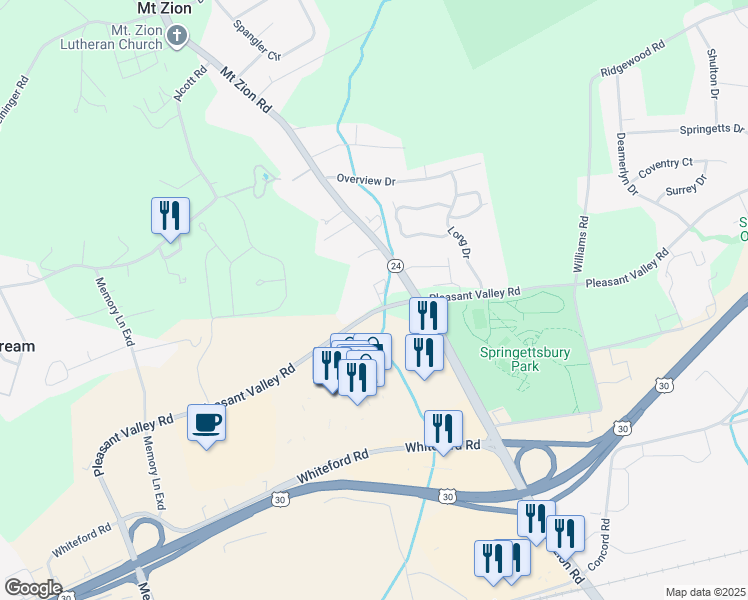 map of restaurants, bars, coffee shops, grocery stores, and more near 1 Wyndham Drive in York