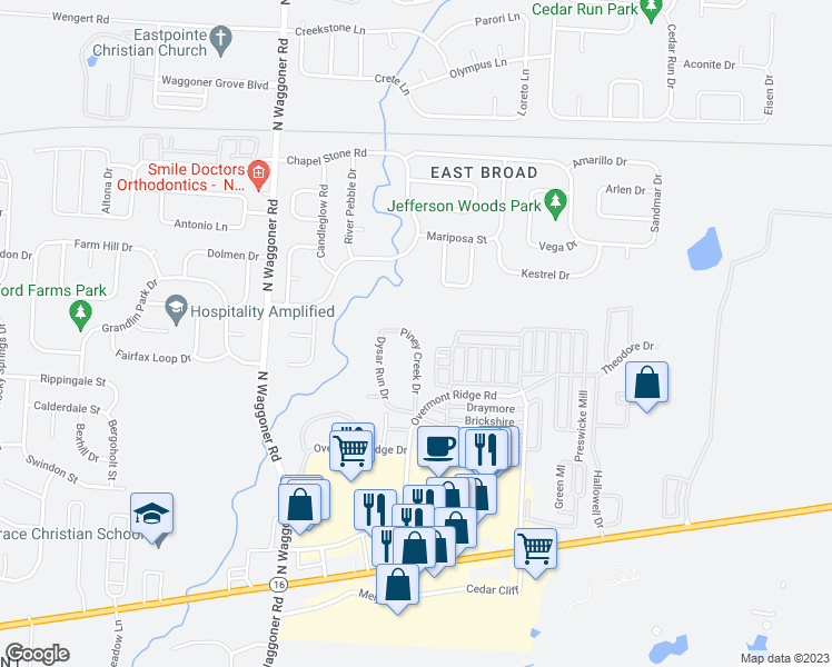 map of restaurants, bars, coffee shops, grocery stores, and more near 396 Piney Creek Drive in Blacklick