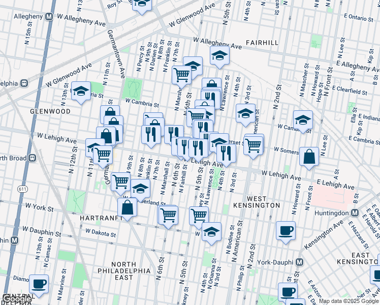 map of restaurants, bars, coffee shops, grocery stores, and more near 2715 North Fairhill Street in Philadelphia