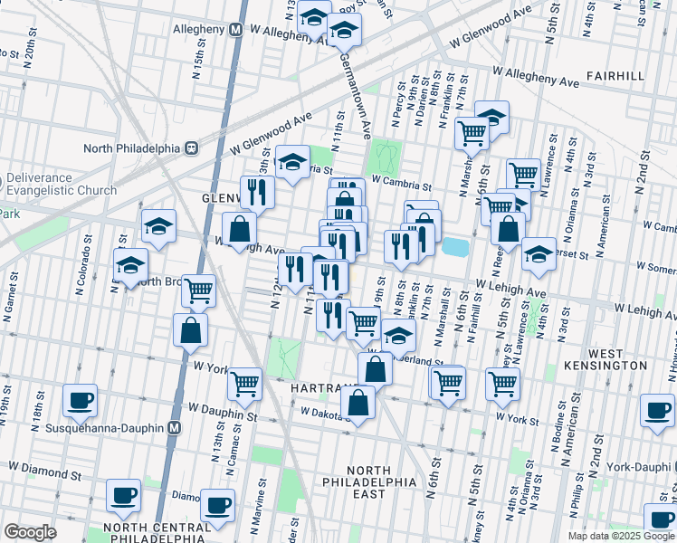 map of restaurants, bars, coffee shops, grocery stores, and more near 2646 Germantown Avenue in Philadelphia