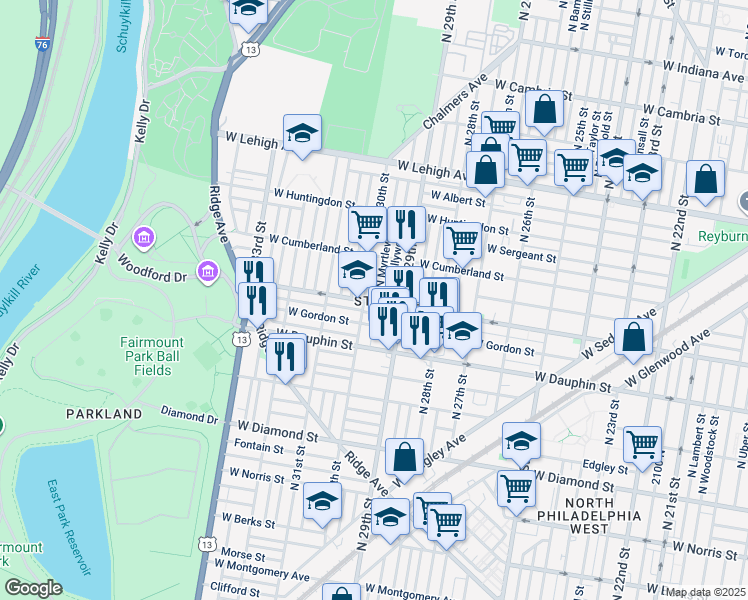 map of restaurants, bars, coffee shops, grocery stores, and more near 2400 North Myrtlewood Street in Philadelphia