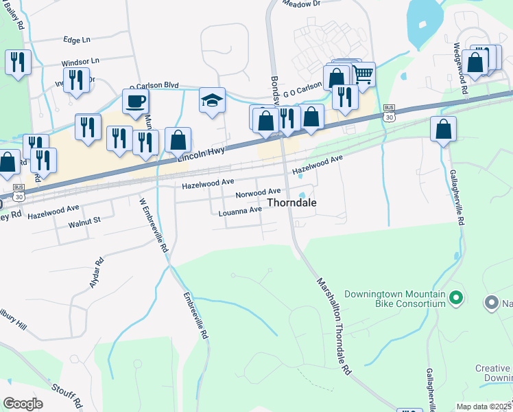 map of restaurants, bars, coffee shops, grocery stores, and more near 3731 Louanna Avenue in Downingtown