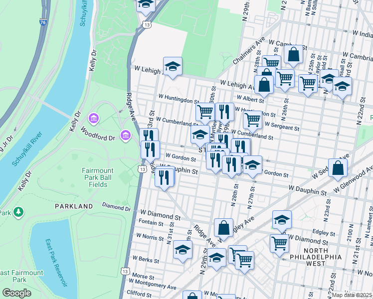 map of restaurants, bars, coffee shops, grocery stores, and more near 2349 North 31st Street in Philadelphia