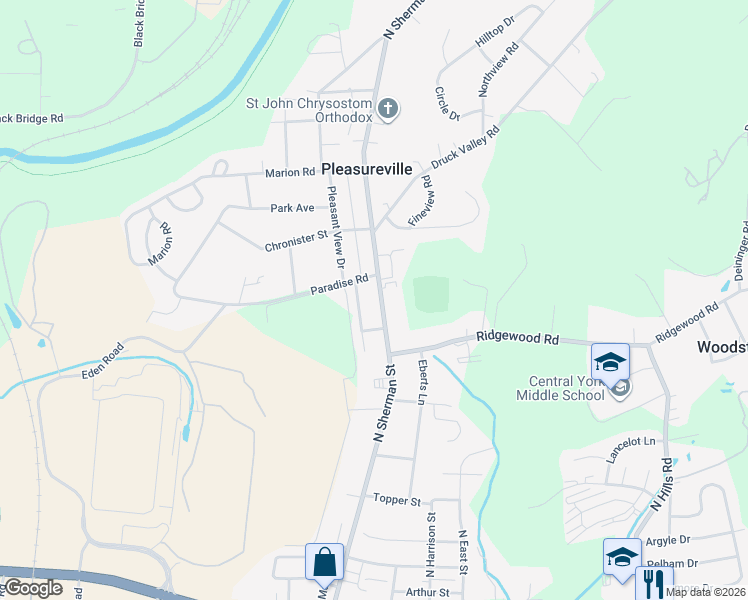 map of restaurants, bars, coffee shops, grocery stores, and more near 2065 City View Road in York