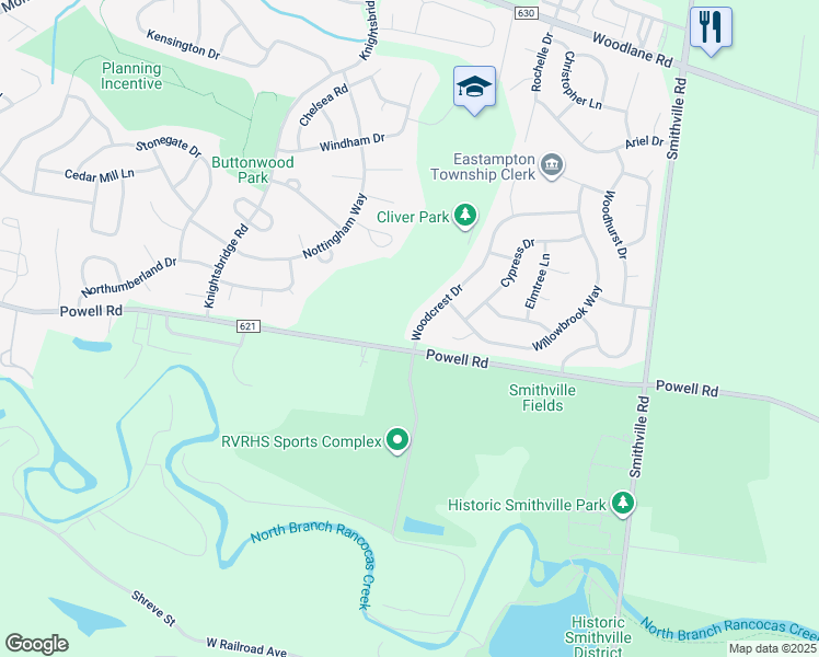 map of restaurants, bars, coffee shops, grocery stores, and more near 3 Woodcrest Drive in Mount Holly