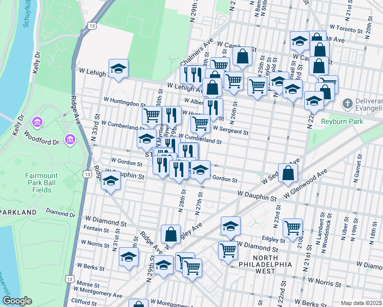 map of restaurants, bars, coffee shops, grocery stores, and more near 2421 North 28th Street in Philadelphia