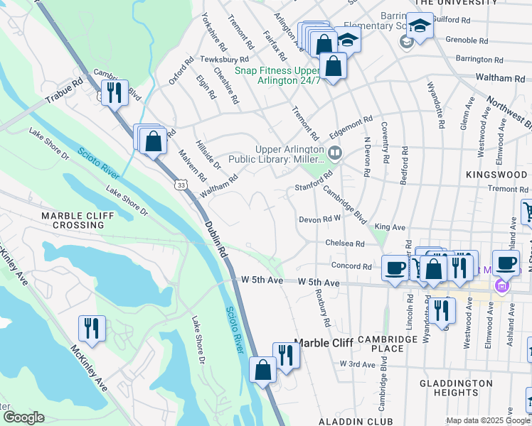 map of restaurants, bars, coffee shops, grocery stores, and more near 1849 Maxfield Drive in Upper Arlington