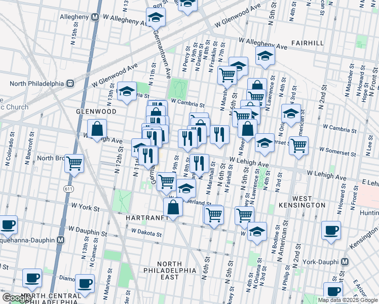 map of restaurants, bars, coffee shops, grocery stores, and more near 799 West Lehigh Avenue in Philadelphia
