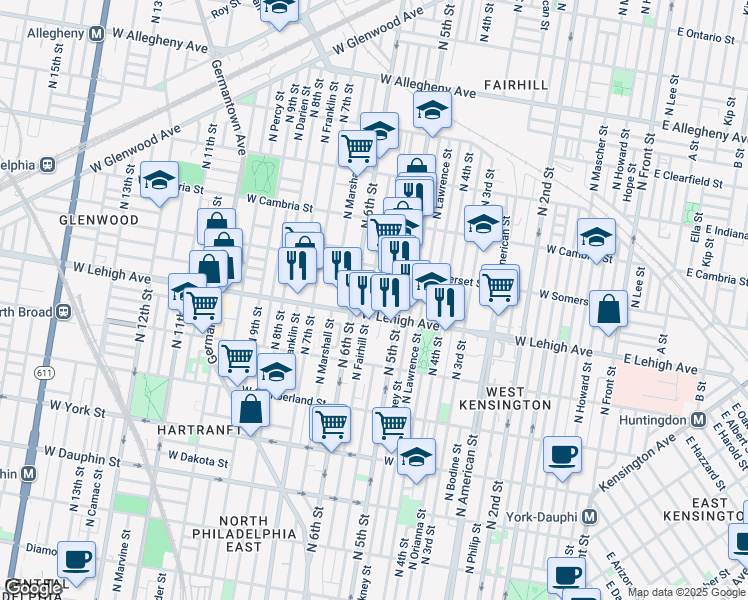map of restaurants, bars, coffee shops, grocery stores, and more near 2715 North Fairhill Street in Philadelphia