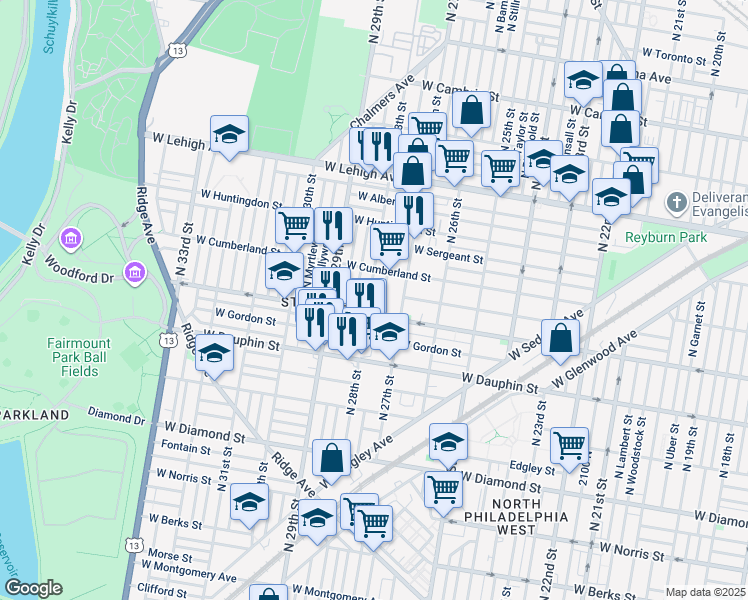 map of restaurants, bars, coffee shops, grocery stores, and more near 2421 North 28th Street in Philadelphia