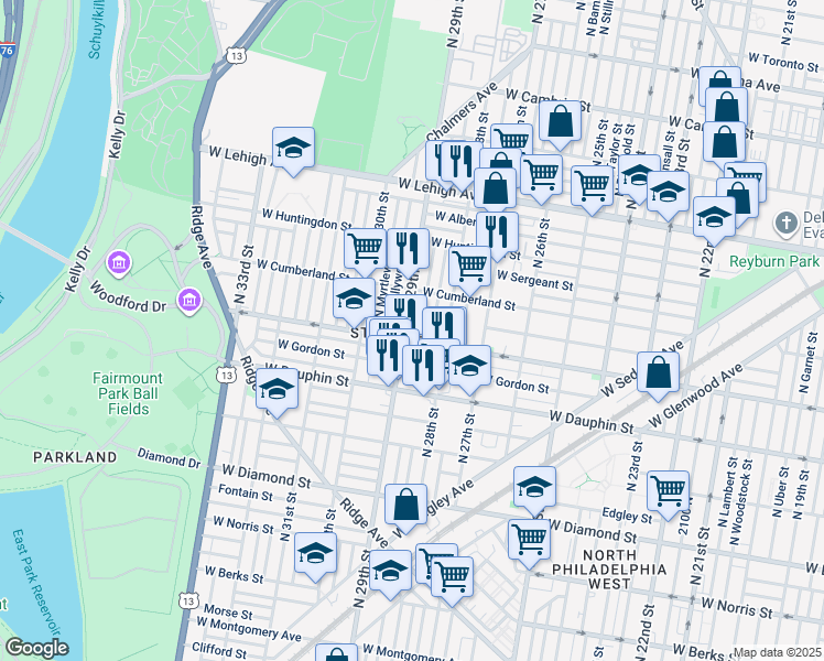 map of restaurants, bars, coffee shops, grocery stores, and more near 2413 N 29th St in Philadelphia