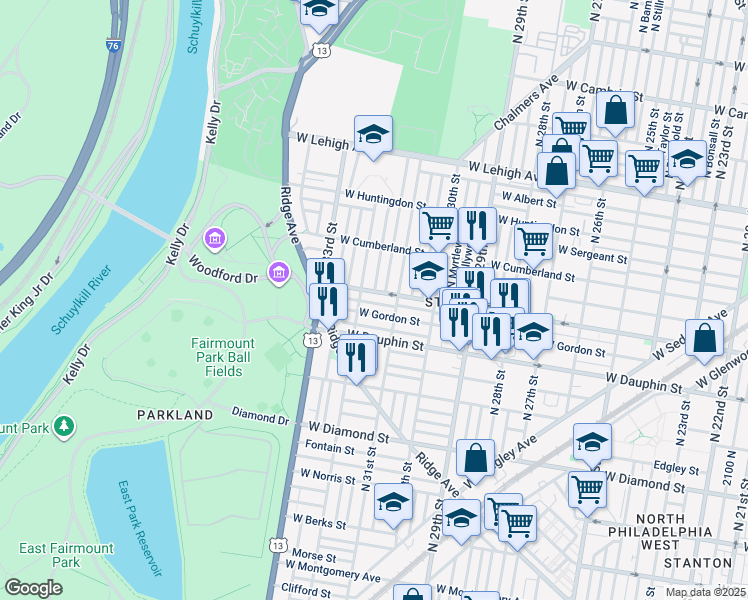 map of restaurants, bars, coffee shops, grocery stores, and more near 3135 West Arizona Street in Philadelphia