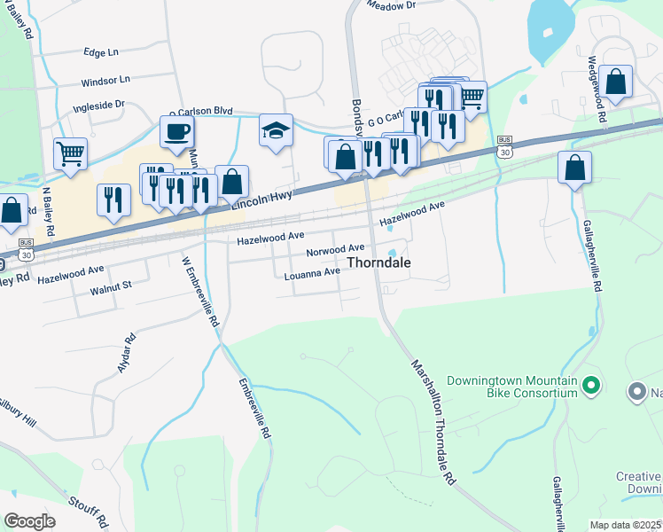map of restaurants, bars, coffee shops, grocery stores, and more near 3731 Louanna Avenue in Downingtown