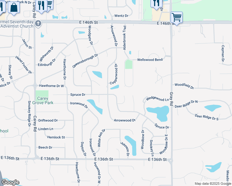 map of restaurants, bars, coffee shops, grocery stores, and more near 1788 Spruce Drive in Carmel
