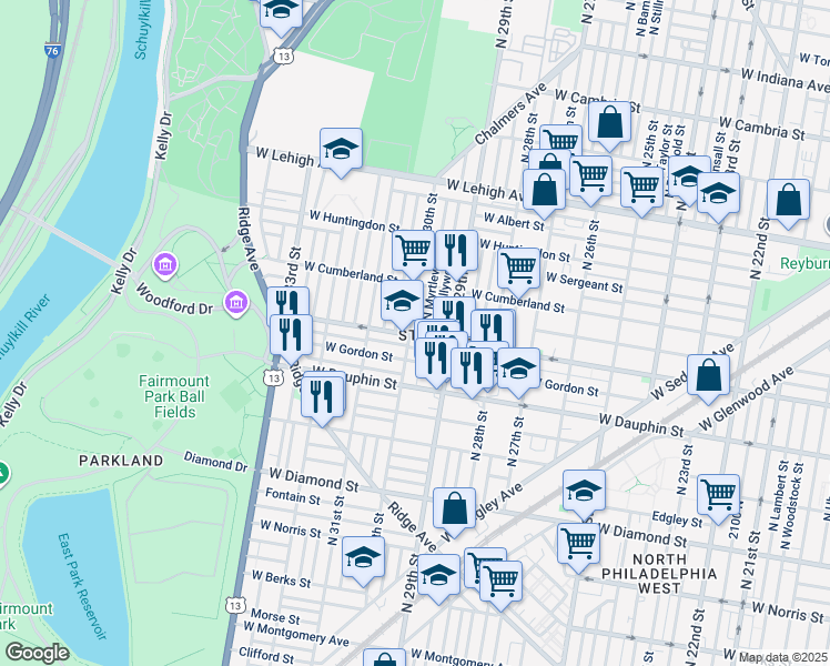 map of restaurants, bars, coffee shops, grocery stores, and more near 2401 North 30th Street in Philadelphia
