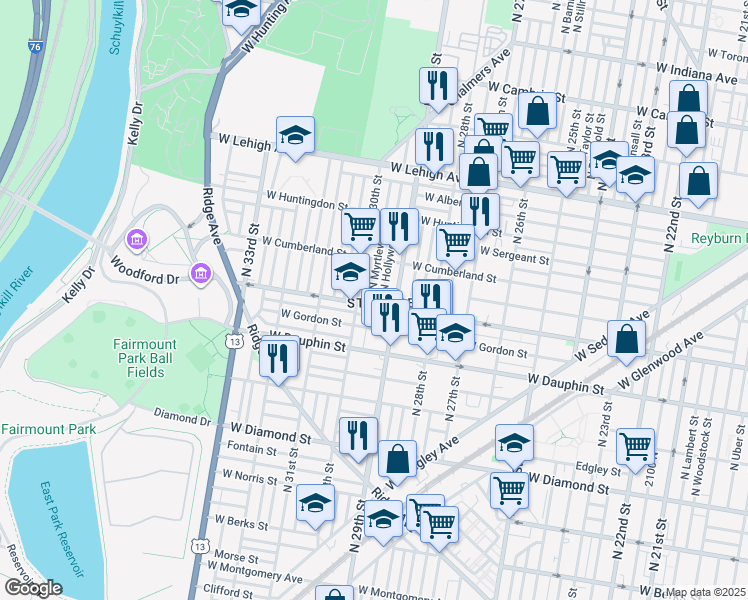 map of restaurants, bars, coffee shops, grocery stores, and more near in Philadelphia
