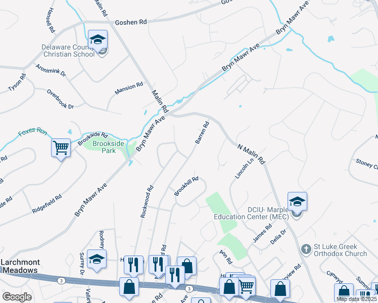 map of restaurants, bars, coffee shops, grocery stores, and more near 202 Barren Road in Newtown Square