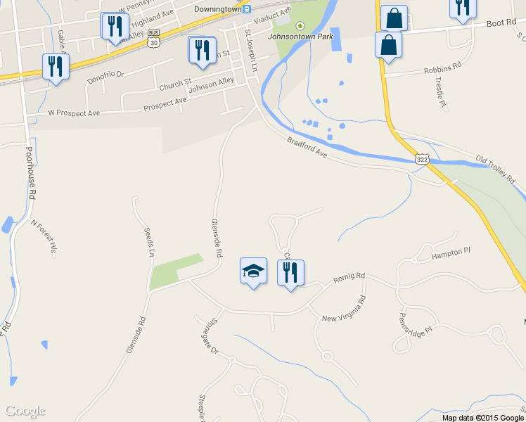 map of restaurants, bars, coffee shops, grocery stores, and more near 1441 Carolina Place in Downingtown