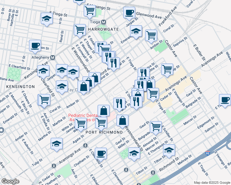 map of restaurants, bars, coffee shops, grocery stores, and more near 2220 East Ontario Street in Philadelphia