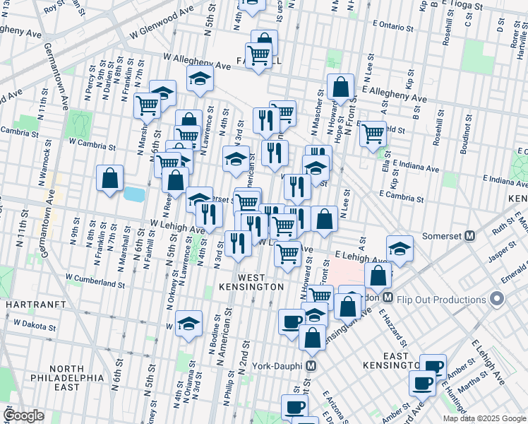 map of restaurants, bars, coffee shops, grocery stores, and more near 2754 North 2nd Street in Philadelphia
